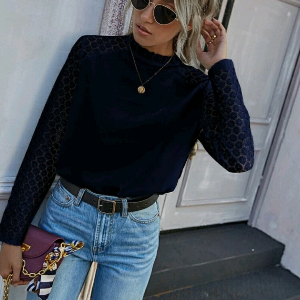 Navy lace sleeves button up blouse